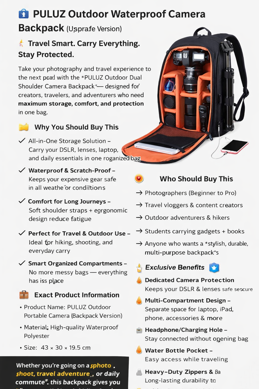 Camera backpack waterproof camera bag