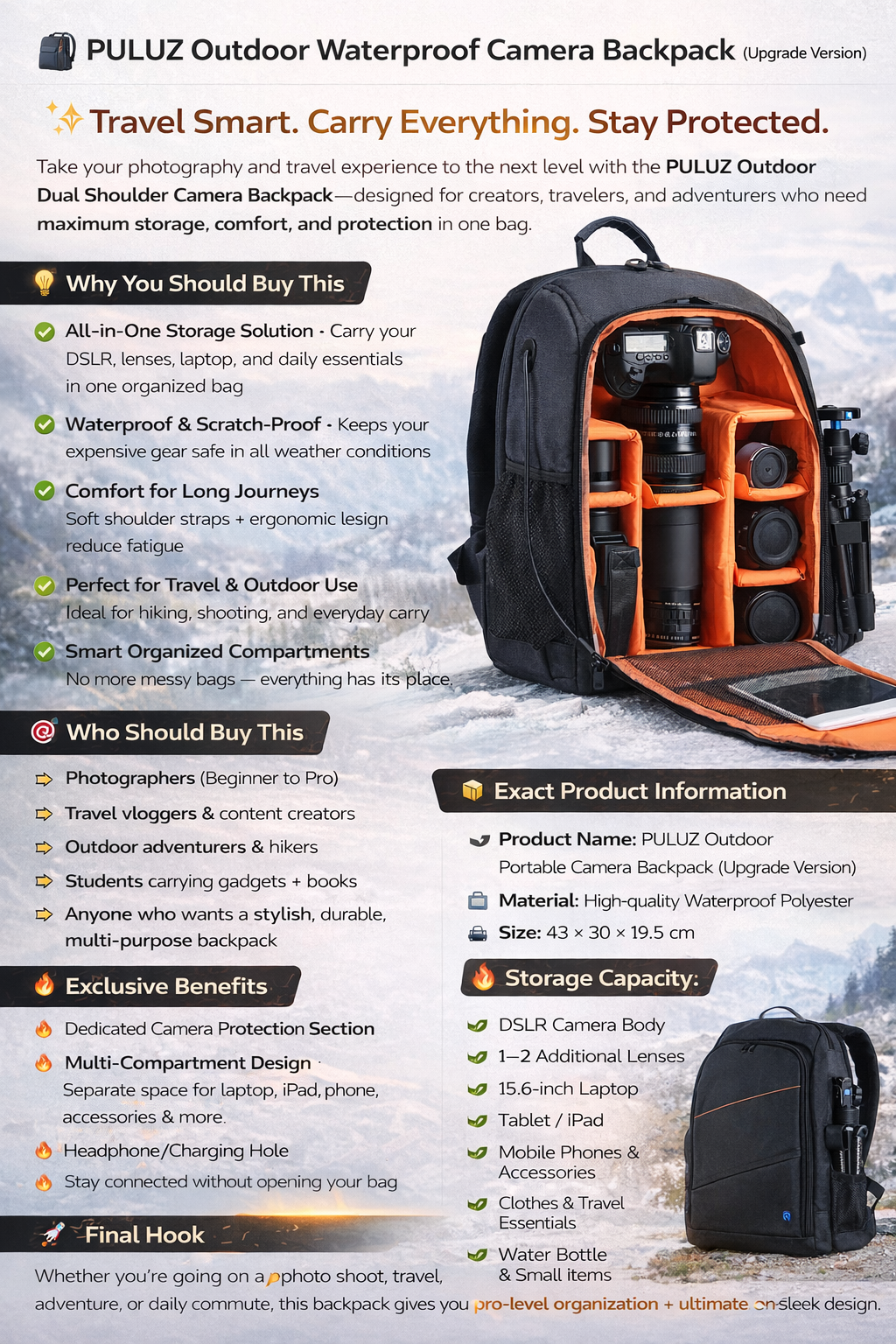 Camera backpack waterproof camera bag