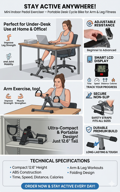 Mini Indoor Pedal Exerciser – Portable Desk Cycle Bike for Arm & Leg Fitness with LCD Display